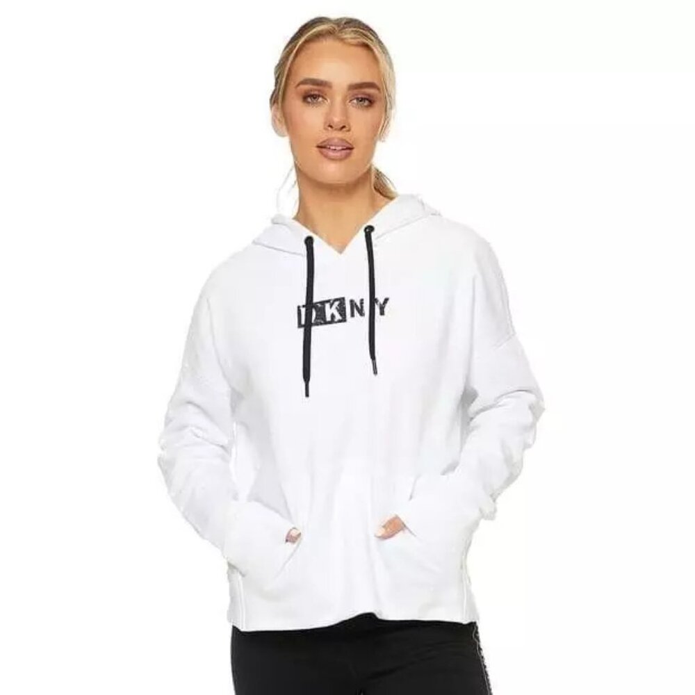 DKNY Sport Women's Pigment Dyed Two Tone Logo Distressed Hoodie, WHITE, S